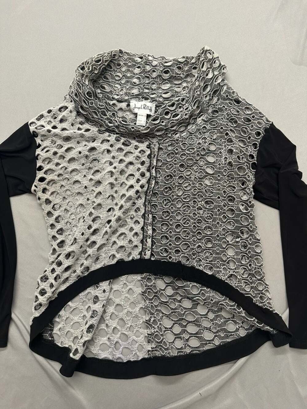 Joseph Ribkoff Hi Low Cowl Neck Open Knit Holes Sweater Grey Black Size 12